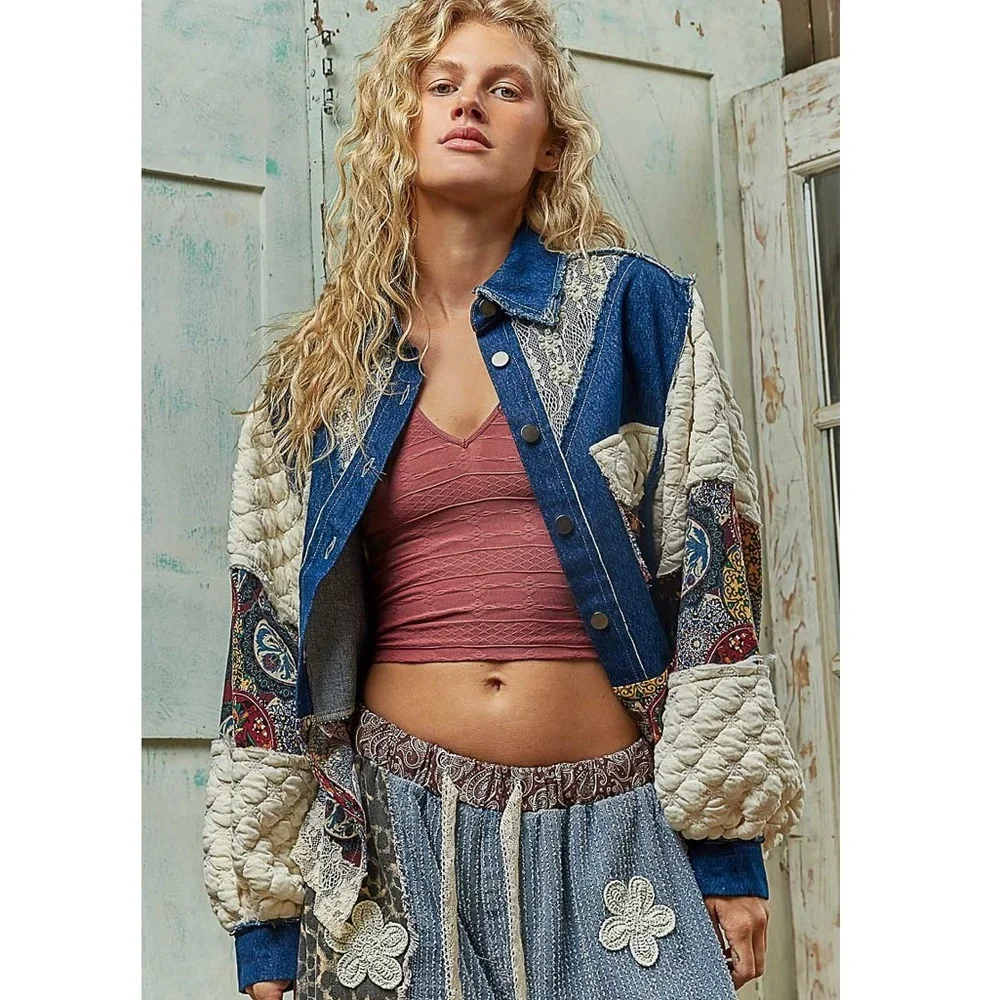 NEW POL Denim Blue Balloon Sleeve Patchwork Jacket Boho Lace Back Size Large - Picture 1 of 7